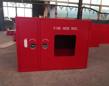 Fire hose cabinet in lobby